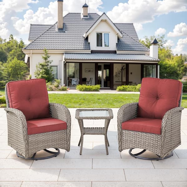 moosprr Gray 3-Piece Wicker Outdoor Rocking Chair with Red Cushions and Side Table
