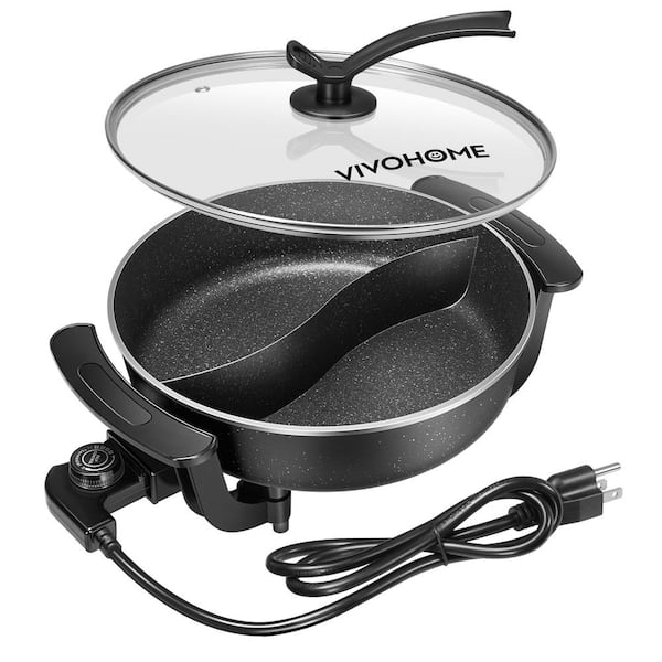 5.28 Qt. Electric Non-Stick Black Shabu-Shabu Hot Pot Multi-Cooker with Divider, Tempered Glass Lid