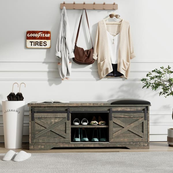 17.7 in. H x 47 in. W Old Pine Wood Shoe Storage Bench with Sliding Door and Cushion Farmhouse Entry Shoe Stool