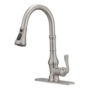 Single Handle Pull Down Sprayer Kitchen Faucet, High Arc Pull Out Kitchen Sink Faucet with Deck Plate in Brushed Nickel