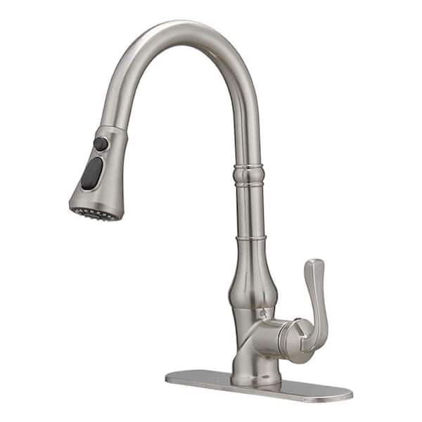 Unbranded Single Handle Pull Down Sprayer Kitchen Faucet, High Arc Pull Out Kitchen Sink Faucet with Deck Plate in Brushed Nickel