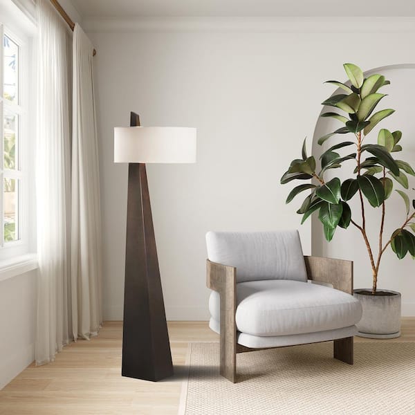 Obelisk 63 in. Chestnut Modern 2-Light Smart Dimmable Arc Floor Lamp for Living Room with White Linen Round Shade