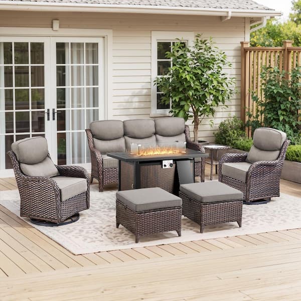 MoonLuxe Brown Wicker Fire Pit Conversation Set with Gray Olefin 6 In. Thick Cushions Patio Swivel Chairs (7-Piece)