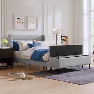 67 in. W Gray Queen Size Linen Wood Frame Platform Bed with Storage Ottoman Bench
