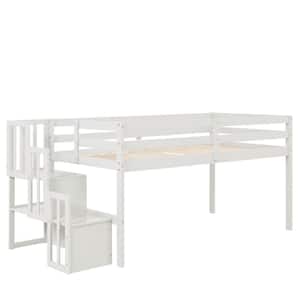 White Twin Kids Low Loft Bed, Solid Wood Loft Bed Frame with Storage Stairs
