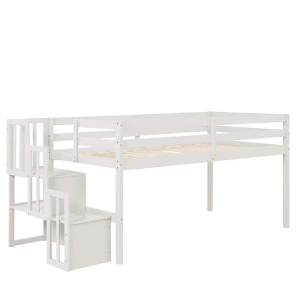 ANBAZAR White Twin Kids Low Loft Bed, Solid Wood Loft Bed Frame with Storage Stairs
