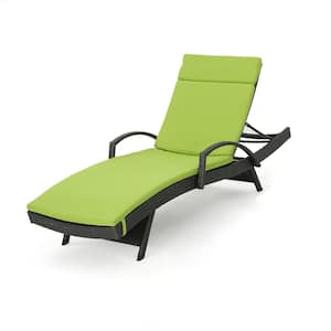 Miller Grey Faux Rattan Outdoor Chaise Lounge with Green Cushion and Armrest