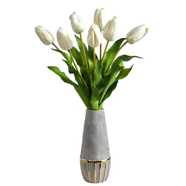 Nearly Natural 22 in. Dutch Tulip Artificial Arrangement in Stoneware Vase with Gold Trimming