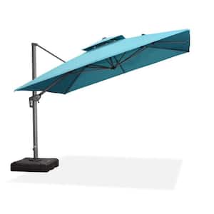 11 ft. Square 2-Tier Aluminum Cantilever 360-Degree Rotation Patio Umbrella with Base, Turquoise Blue