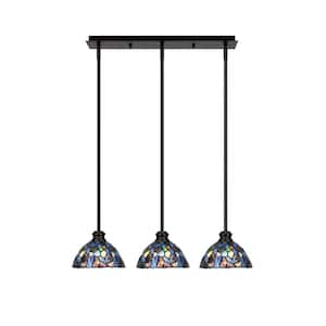 Albany 60-Watt 3-Light Espresso Linear Pendant Light with Blue Mosaic Art Glass Shades and No Bulbs Included