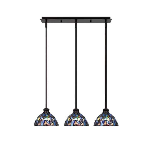 Unbranded Albany 60-Watt 3-Light Espresso Linear Pendant Light with Blue Mosaic Art Glass Shades and No Bulbs Included