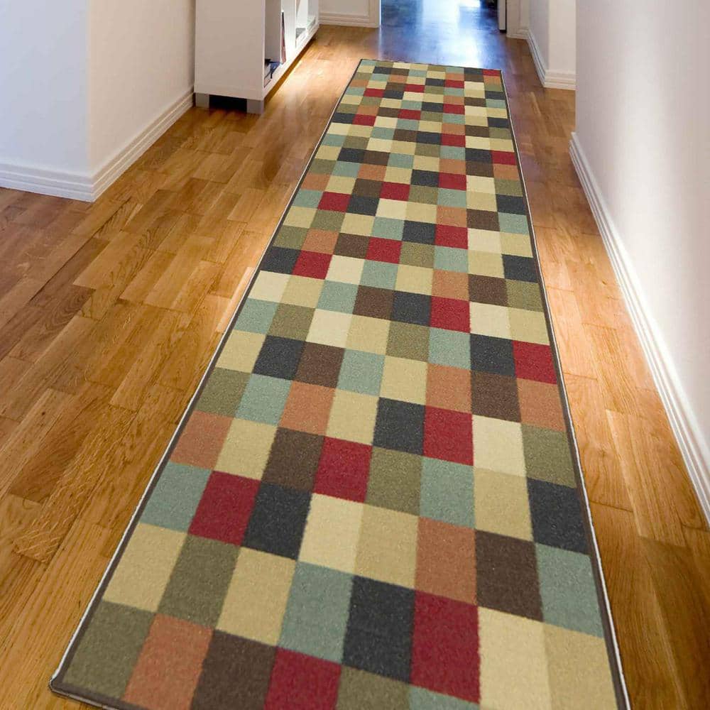Multicolor Checkered Non-Slip Runner Rug with Rubber Backing