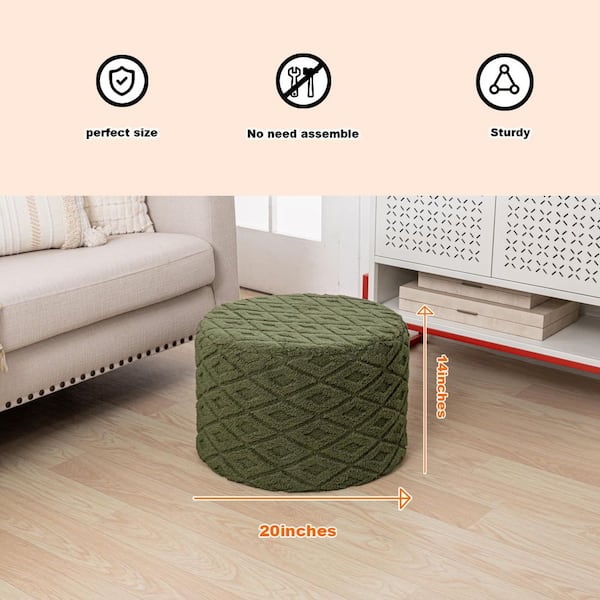 Green Furry Upholstered Round Ottoman Pouf Ultra-Plush Foam-Filled