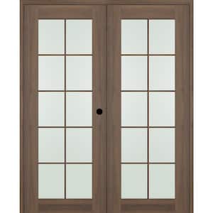 Vona 56 in. x 80 in. 10-Lite Left Hand Active Frosted Glass Pecan Nutwood Wood Composite Double Prehung French Door