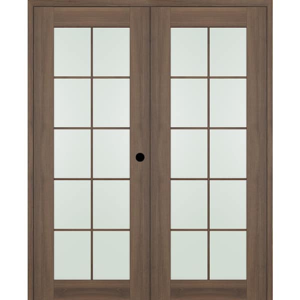 Belldinni Vona 56 in. x 80 in. 10-Lite Left Hand Active Frosted Glass Pecan Nutwood Wood Composite Double Prehung French Door