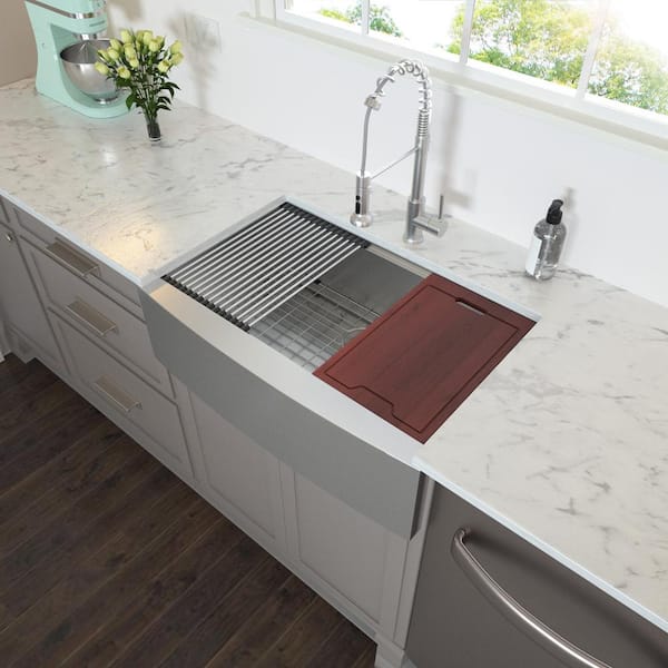 30 in. Single Bowl Farmhouse Sink Ledge Workstation Stainless Steel