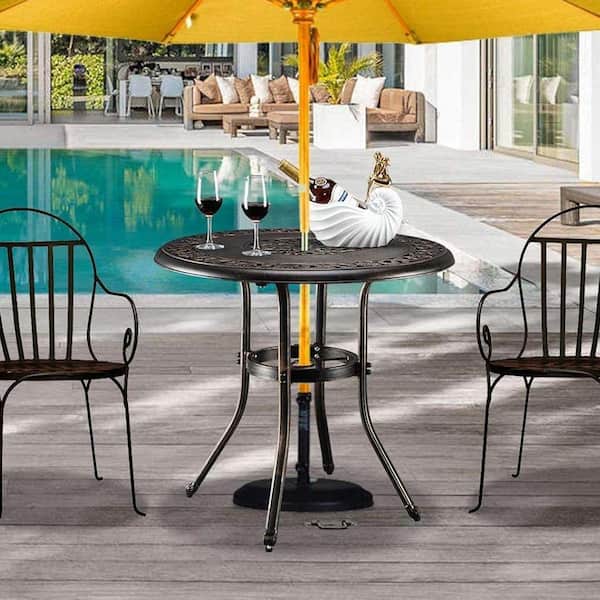 bronze cast aluminum patio table with umbrella hole Bronze Round Aluminum Outdoor Dining Table with Umbrella Hole Z08T7GHNB1