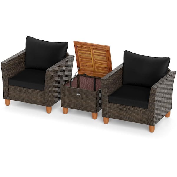 3-Piece Wicker Patio Conversation Set Wooden Table Top with Black Cushions