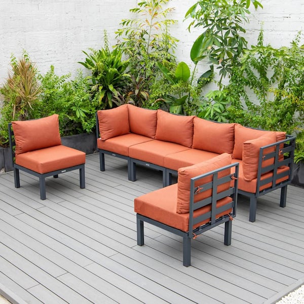 Leisuremod Chelsea Black 6-Piece Aluminum Outdoor Patio Sectional with Orange Cushions