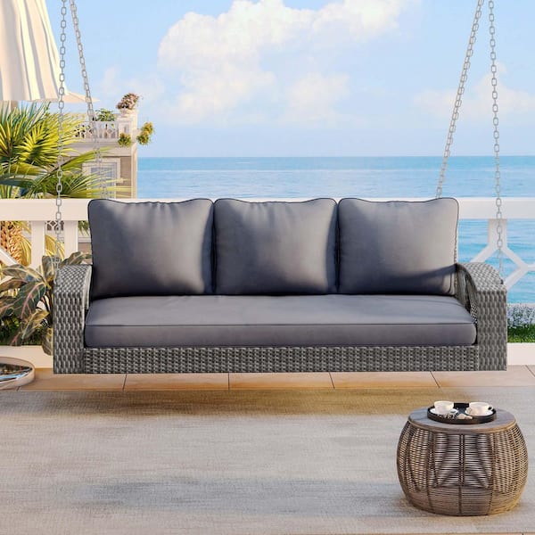 Zeus & Ruta 3-Person Wicker Porch Swing with Gray Cushion and 102.4 in. Chains