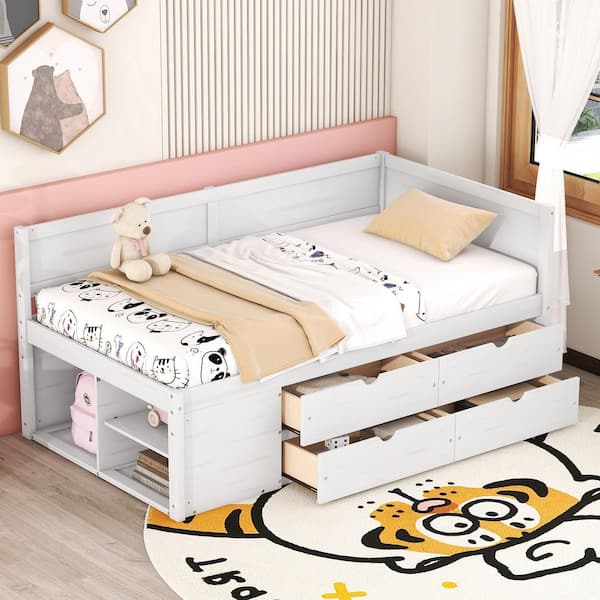 White Wood Frame Twin Size Daybed with Under-Bed Shelves, 4-Storage Drawers