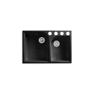 Executive Chef Undermount Cast Iron 33 in. 4-Hole Double Basin Kitchen Sink in Black