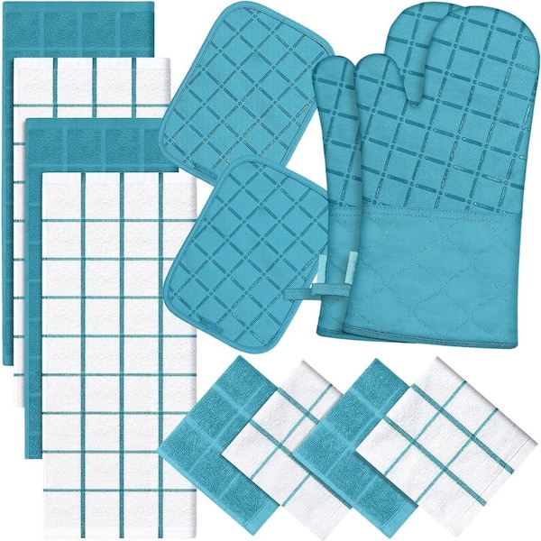 Heat Resistant Oven Mitts, Towels, Dishcloths and Pot Holders Set with Non-Slip Silicone Surface for Cooking, Blue