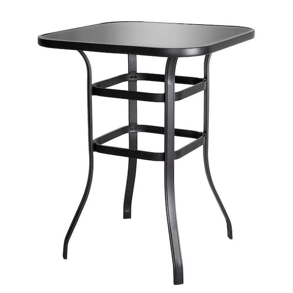 Black Square Metal Bar Height Outdoor Dining Table with Tempered Glass Tabletop
