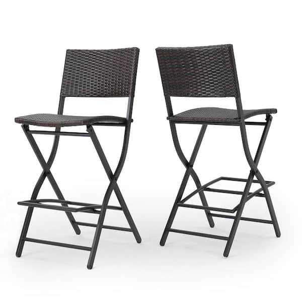 Brown Multi Folding Outdoor Wicker Barstools Faux PE Rattan Plus Iron (Set of 2)