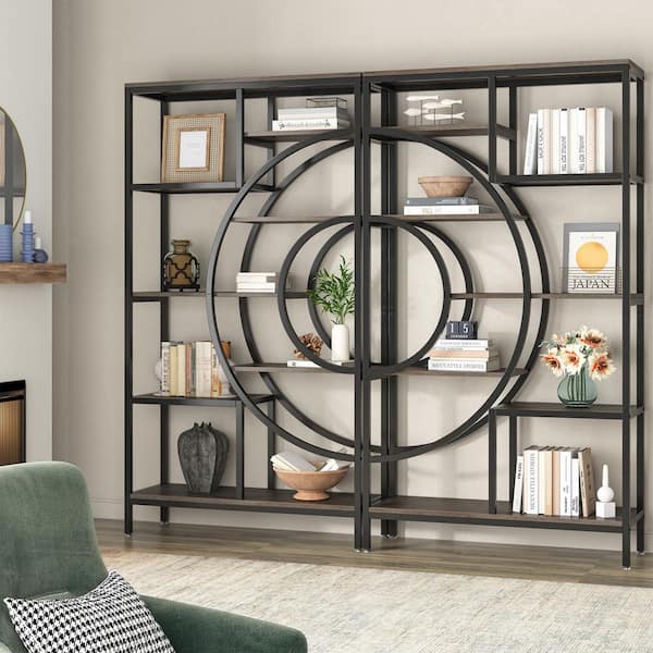 BYBLIGHT Eulas 70.47 in. Tall Grey and Black Wood 7-Shelf Staggered Bookcase Set of 2 with Circle Frame for Decoration