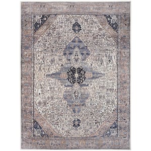Grand Washables Ivory Blue 8 ft. x 10 ft. Center medallion Traditional Area Rug