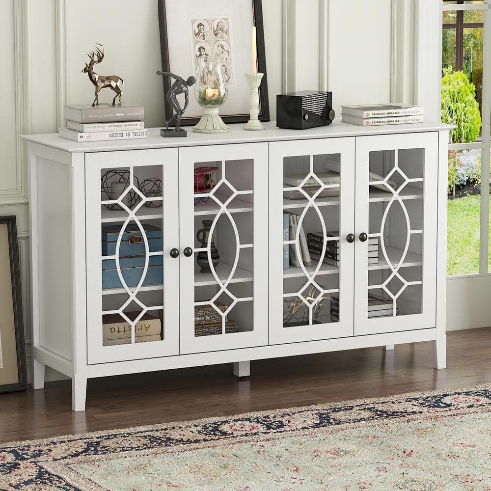 FUFU&GAGA White Wood Storage Cabinet TV Console with 4-Glass Doors ...