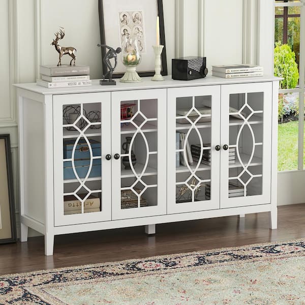 FUFU&GAGA White Wood Storage Cabinet TV Console with 4-Glass Doors, Adjustable Shelves