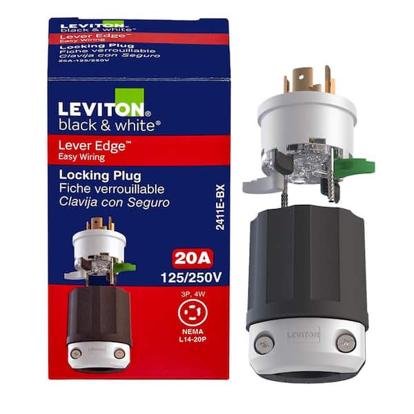 Black & White Lever Edge 20 Amp 125/250 Volt Locking Plug, NEMA L14-20P, 3P, 4W, Industrial Grade 2411E-BX