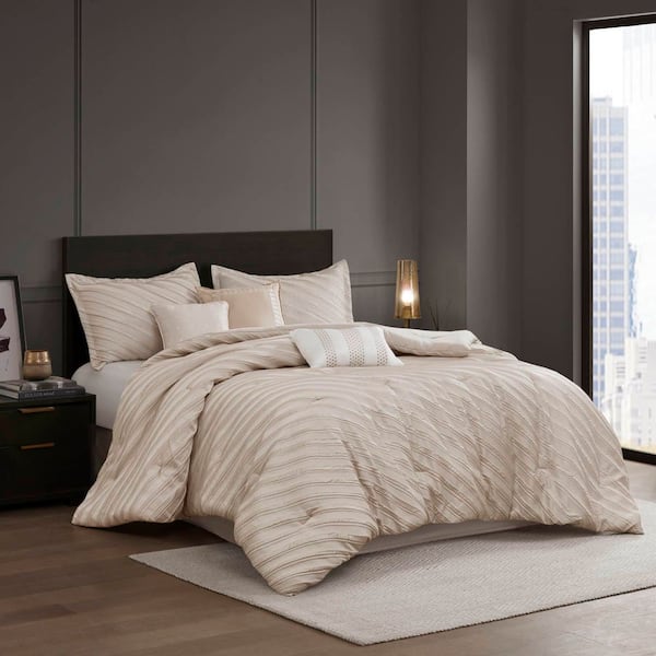 Reeve 7-Piece Beige Polyester Queen Comforter Set