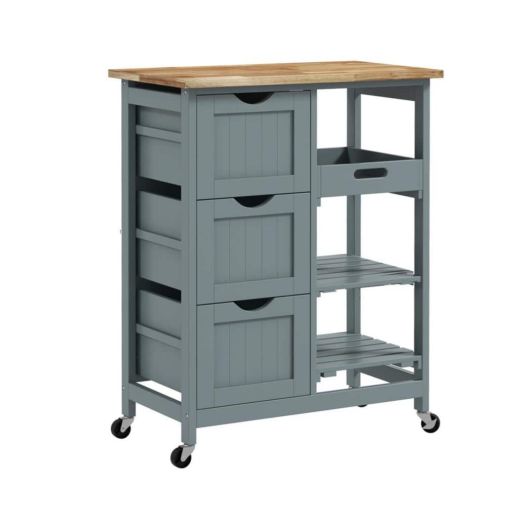 Gray Wood 26.5 in. Kitchen Island on Wheels with Wood Top, Shelves and Draw
