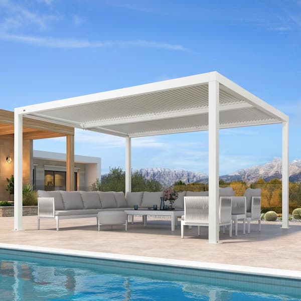 PURPLE LEAF 12 ft. x 14 ft. White Aluminum Frame Outdoor Patio Louvered Pergola Gazebo with Adjustable Sunshade Rainproof Roof