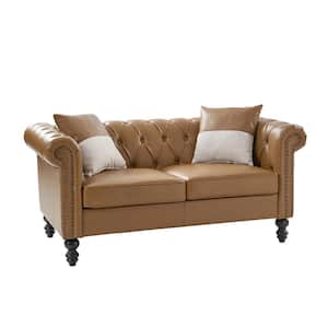Felisa 62.2" Wide Rectangle Button-tufted Leather Sofa with Rolled Arms and Gourd-shaped Solid Wood Legs-Camel