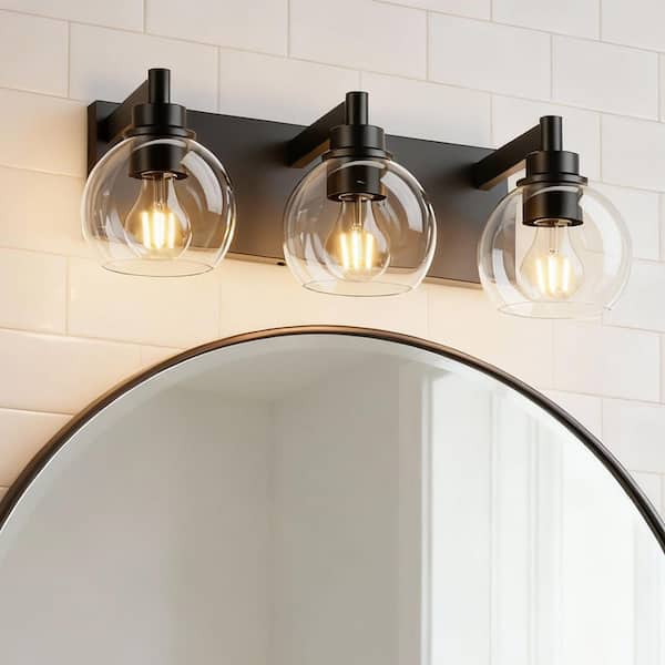 19 in. 3-Light Black Bathroom Vanity Light Fixture with Clear Globe Glass Shades, No Bulbs Included