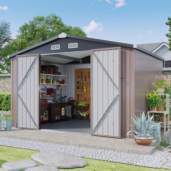 10 ft. x 8 ft. Gable Roof Metal Storage Shed with Floor 75.5 sq ft in Brown