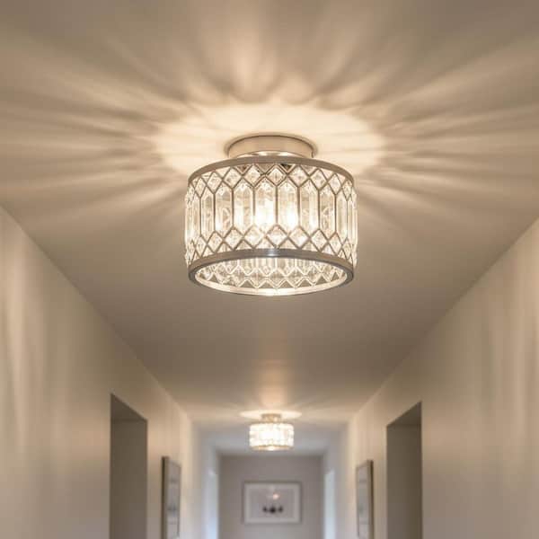 9 in. 1-Light Brushed Nickel Round Crystal Semi Flush Mount Ceiling Light for Bedroom, Kitchen, or Entry