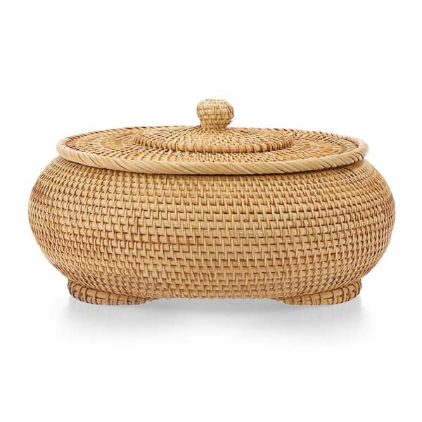 Natural Rattan Round Lidded Bread Basket, Handwoven Decorative Storage Box for Countertop Organization