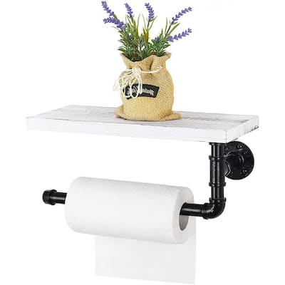 Industrial Toilet Paper Holder with Rustic Wooden Shelf and Cast Iron Pipe Hardware (Rustic Brown-Whitewash）