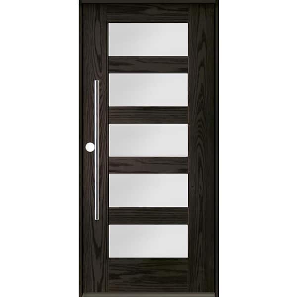 Krosswood Doors Modern Faux Pivot 36 in. x 80 in. 5 Lite Right-Hand/Inswing Satin Glass Baby Grand Stain Fiberglass Prehung Front Door