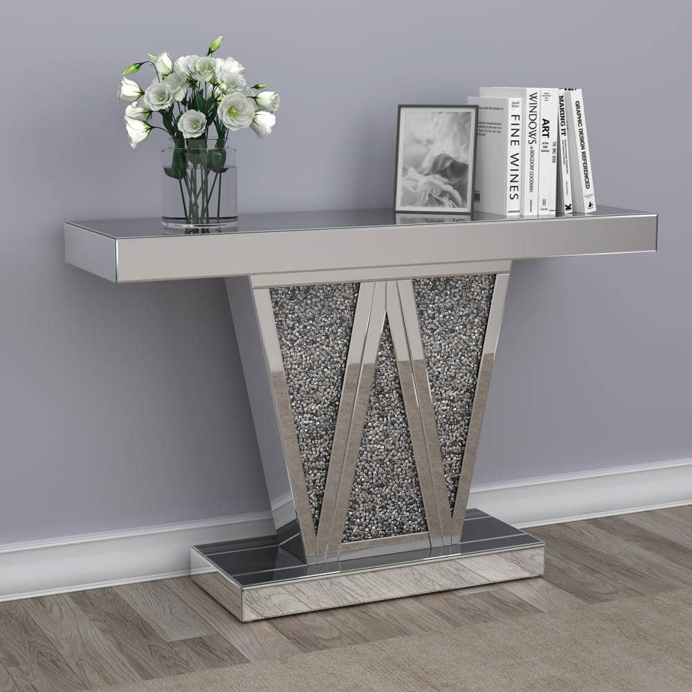 Silver Mirrored Glass and Wood Console Table, 47"