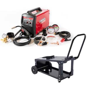 140 Amp LE31MP Multi-Process Stick/MIG/TIG Welder, Magnum Pro 100L Gun, MIG and Flux-Cored Wire, 120V and Welding Cart