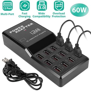 Black 60W Fast Charge Multi 12 Port USB Charging Station Hub