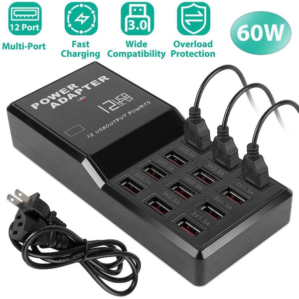 Etokfoks Black 60W Fast Charge Multi 12 Port USB Charging Station Hub
