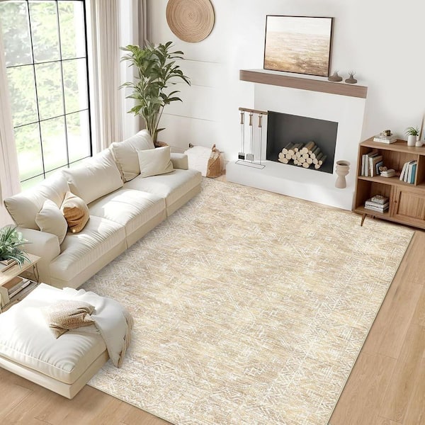 Beige 10 ft. x 13 ft. Washable Vintage Distressed Area Rug Bohemian Style Polyester