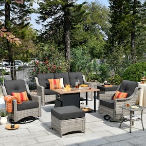 Tulip B Gray 7-Piece Wicker Patio Storage Fire Pit Conversation Set with Swivel Rocking Chairs and Black Cushions
